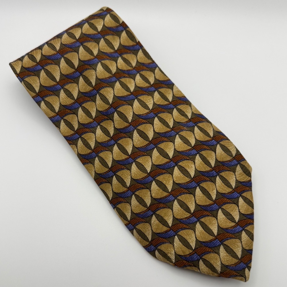 Robert Talbott Studio Silk Tie 3.75" Geometric Gold Blue Brown Retro Business